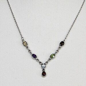 Silver Tone New Stainless Steel Multi Color Gem Stone V Drop Necklace